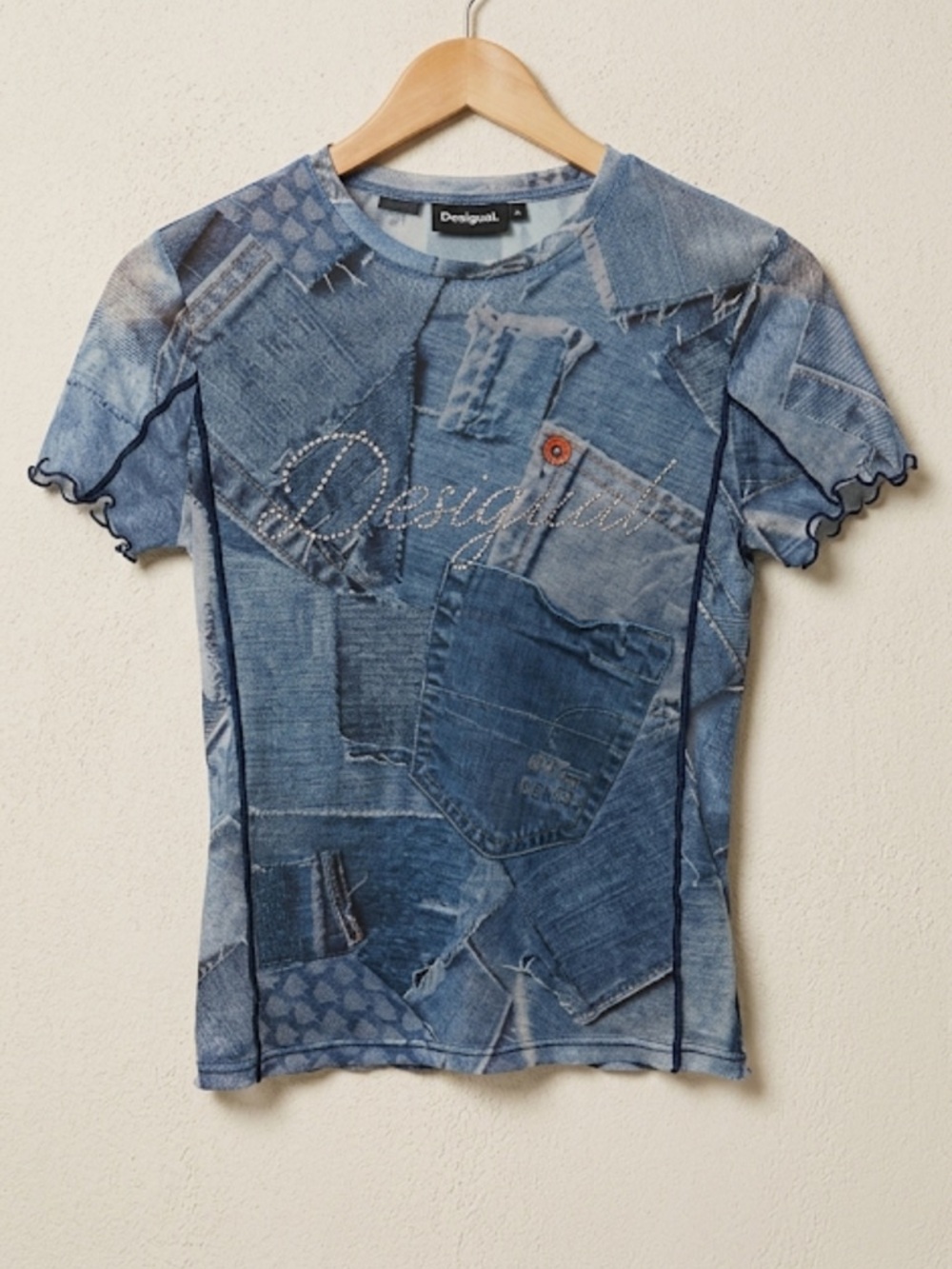 Desigual Denim Patchwork Mesh Tee Size Small Rhinestone Blue y2k inspired